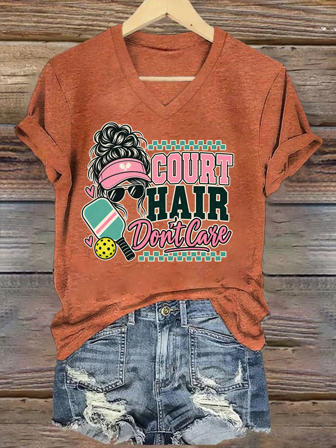Court Hair Don't Care,Messy Bun Pickleball V-Neck T-Shirt