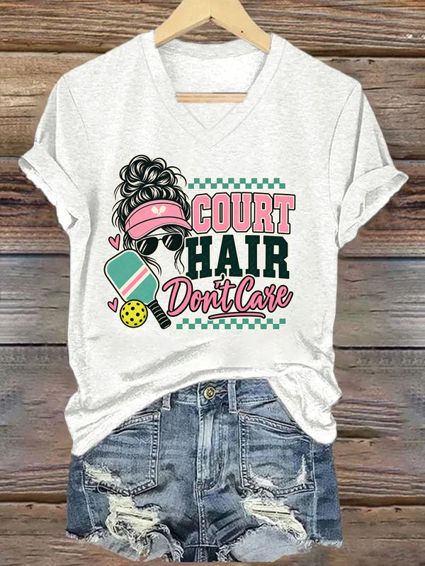 Court Hair Don't Care,Messy Bun Pickleball V-Neck T-Shirt