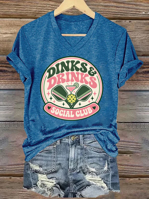 Dinks & Drinks Social Club, Retro Pickleball V-Neck T-Shirt