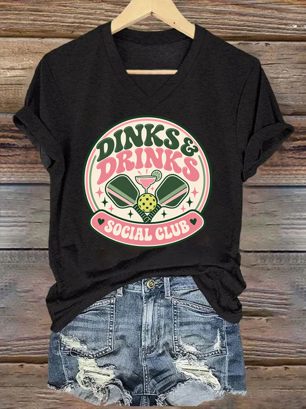 Dinks & Drinks Social Club, Retro Pickleball V-Neck T-Shirt