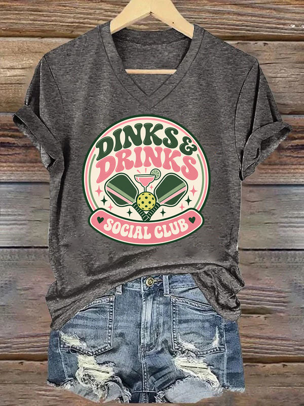 Dinks & Drinks Social Club, Retro Pickleball V-Neck T-Shirt