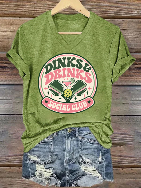 Dinks & Drinks Social Club, Retro Pickleball V-Neck T-Shirt