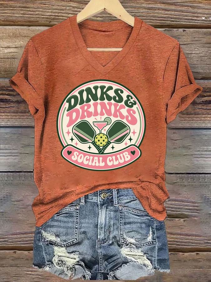 Dinks & Drinks Social Club, Retro Pickleball V-Neck T-Shirt