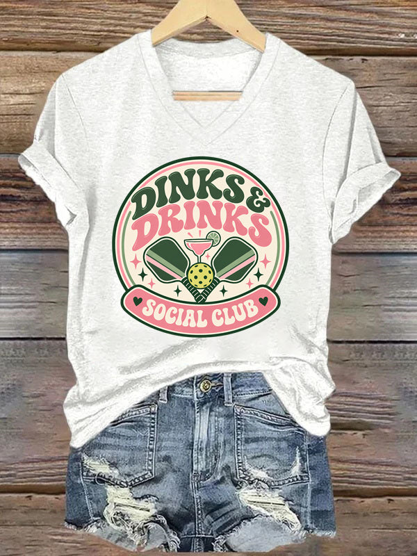 Dinks & Drinks Social Club, Retro Pickleball V-Neck T-Shirt