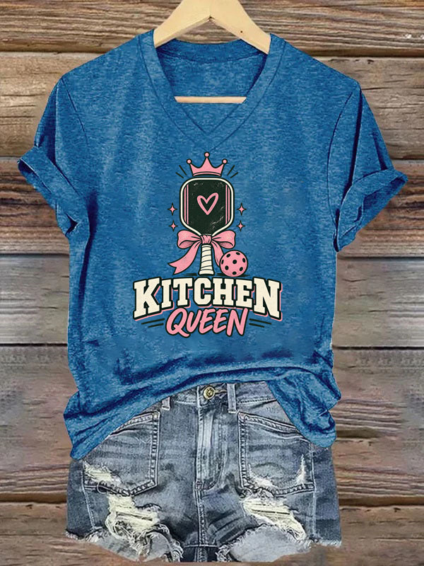 Kitchen Queen, Pink Bow Pickleball V-Neck T-Shirt