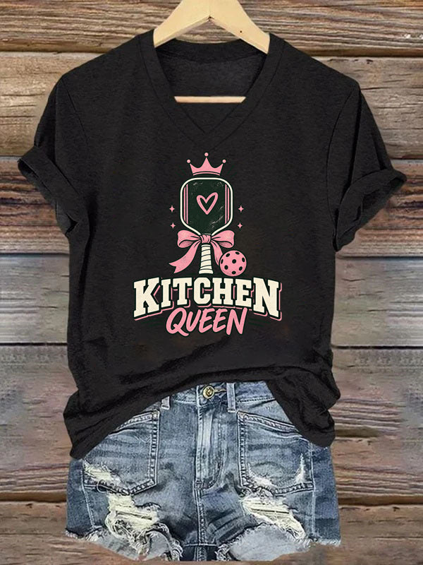Kitchen Queen, Pink Bow Pickleball V-Neck T-Shirt