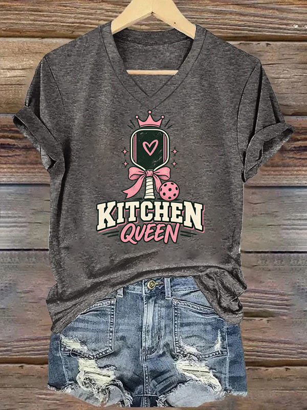 Kitchen Queen, Pink Bow Pickleball V-Neck T-Shirt