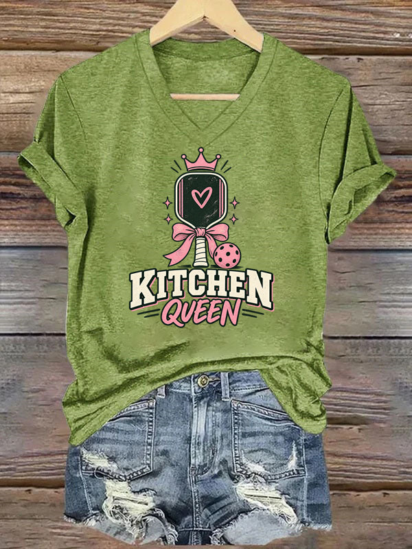 Kitchen Queen, Pink Bow Pickleball V-Neck T-Shirt