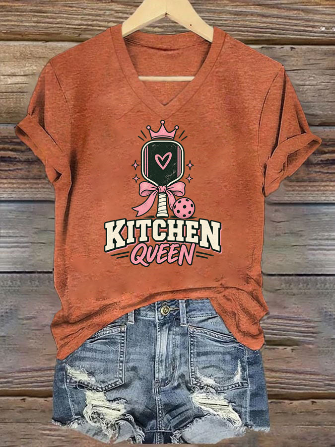 Kitchen Queen, Pink Bow Pickleball V-Neck T-Shirt