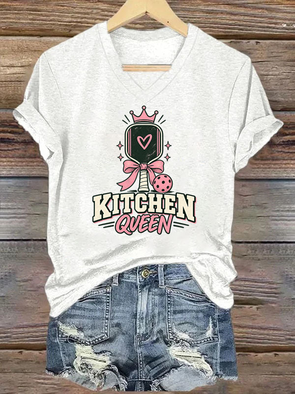 Kitchen Queen, Pink Bow Pickleball V-Neck T-Shirt