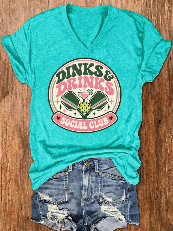Dinks & Drinks Social Club, Retro Pickleball V-Neck T-Shirt