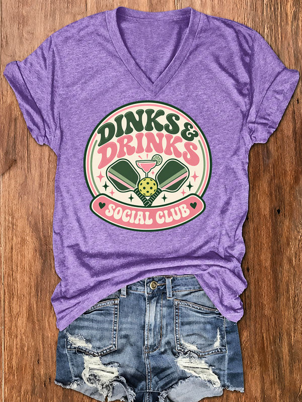 Dinks & Drinks Social Club, Retro Pickleball V-Neck T-Shirt