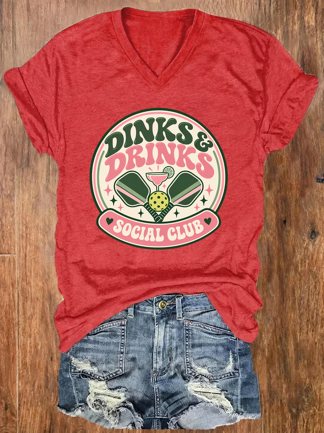 Dinks & Drinks Social Club, Retro Pickleball V-Neck T-Shirt