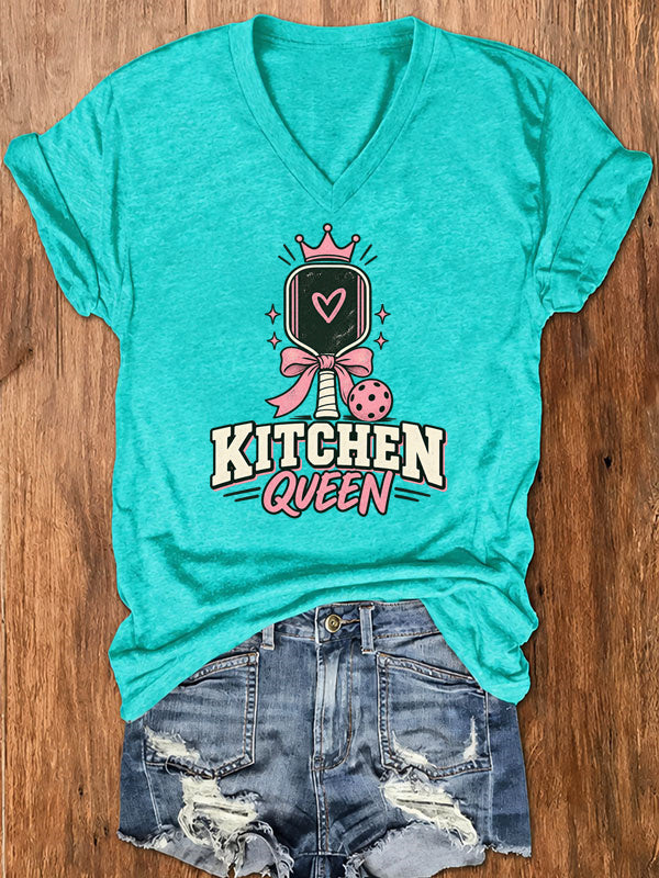 Kitchen Queen, Pink Bow Pickleball V-Neck T-Shirt