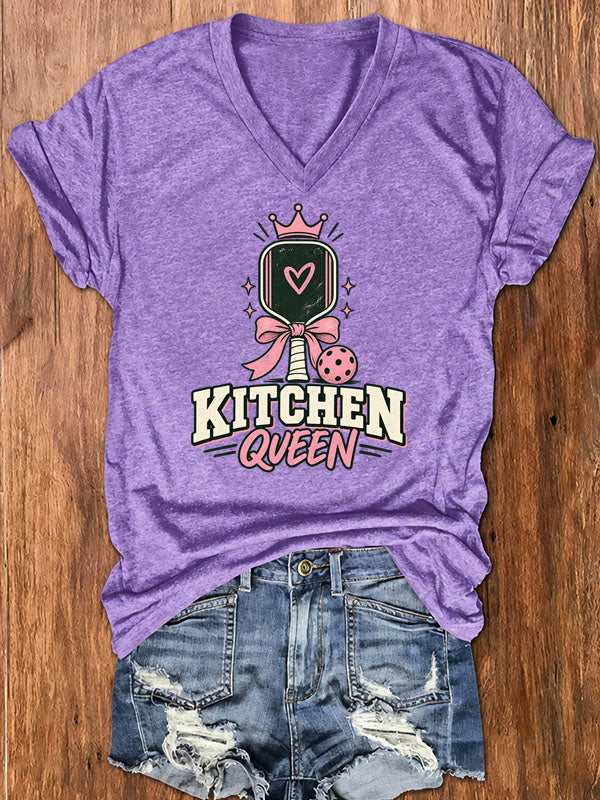Kitchen Queen, Pink Bow Pickleball V-Neck T-Shirt