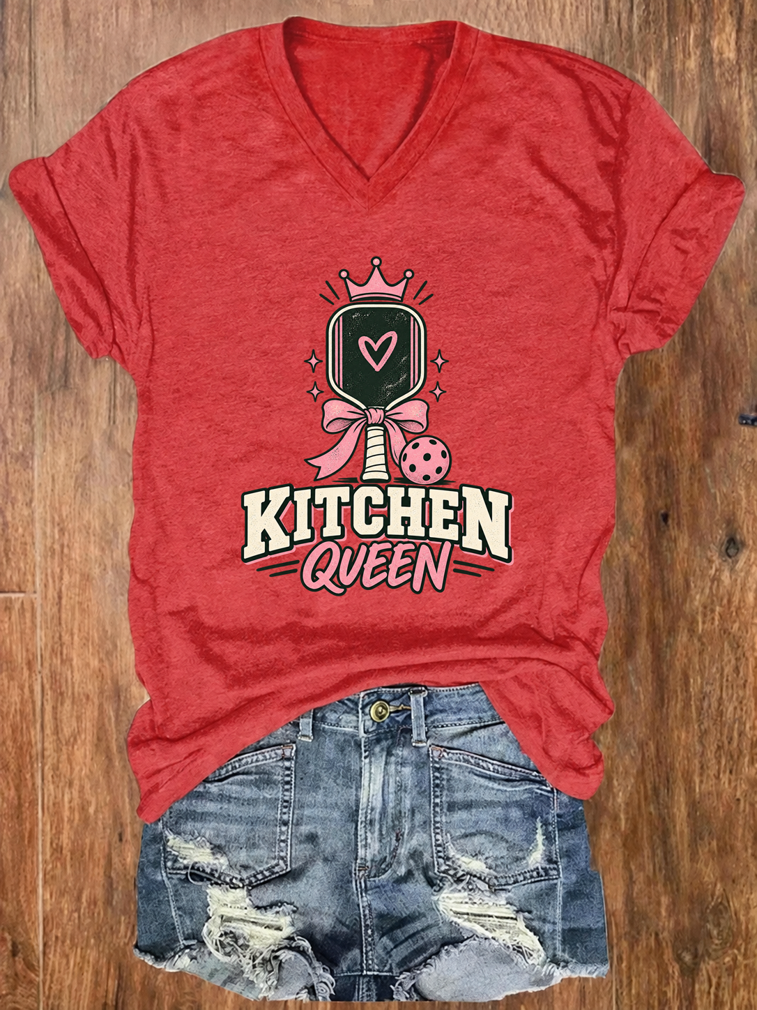 Kitchen Queen, Pink Bow Pickleball V-Neck T-Shirt