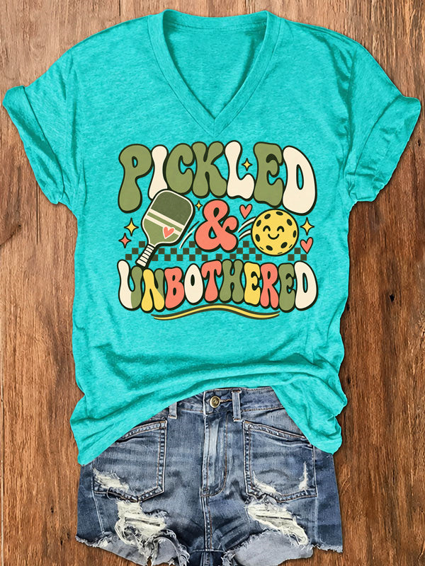 Pickled & Unbothered , Groovy Pickleball V-Neck T-Shirt
