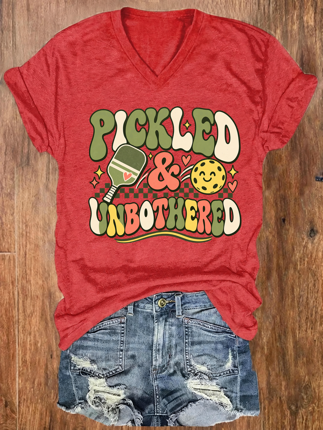 Pickled & Unbothered , Groovy Pickleball V-Neck T-Shirt