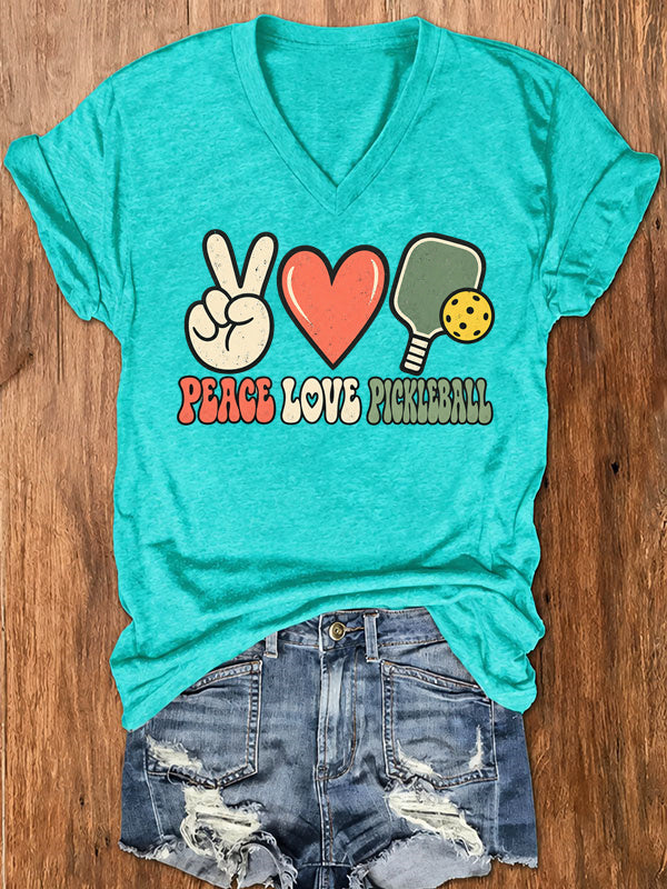 Peace Love Pickleball,Retro Paddle & Heart V-Neck T-Shirt