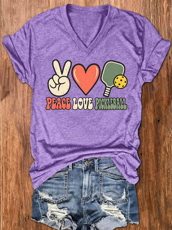 Peace Love Pickleball,Retro Paddle & Heart V-Neck T-Shirt