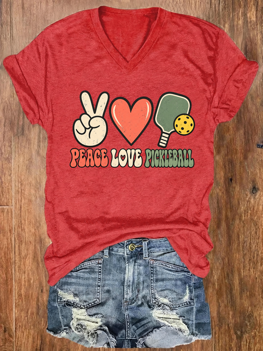 Peace Love Pickleball,Retro Paddle & Heart V-Neck T-Shirt