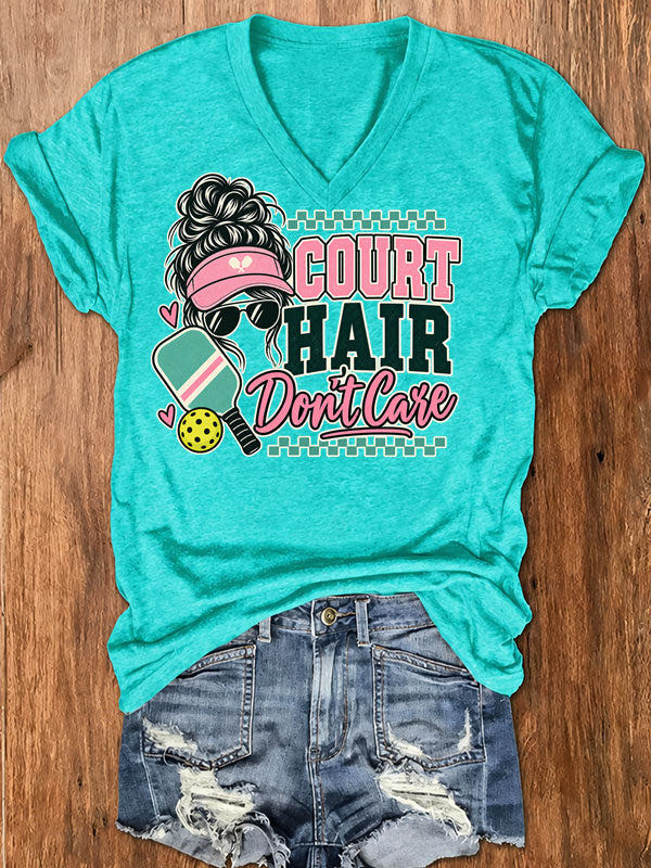 Court Hair Don't Care,Messy Bun Pickleball V-Neck T-Shirt