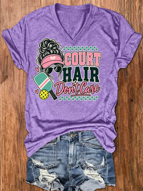 Court Hair Don't Care,Messy Bun Pickleball V-Neck T-Shirt