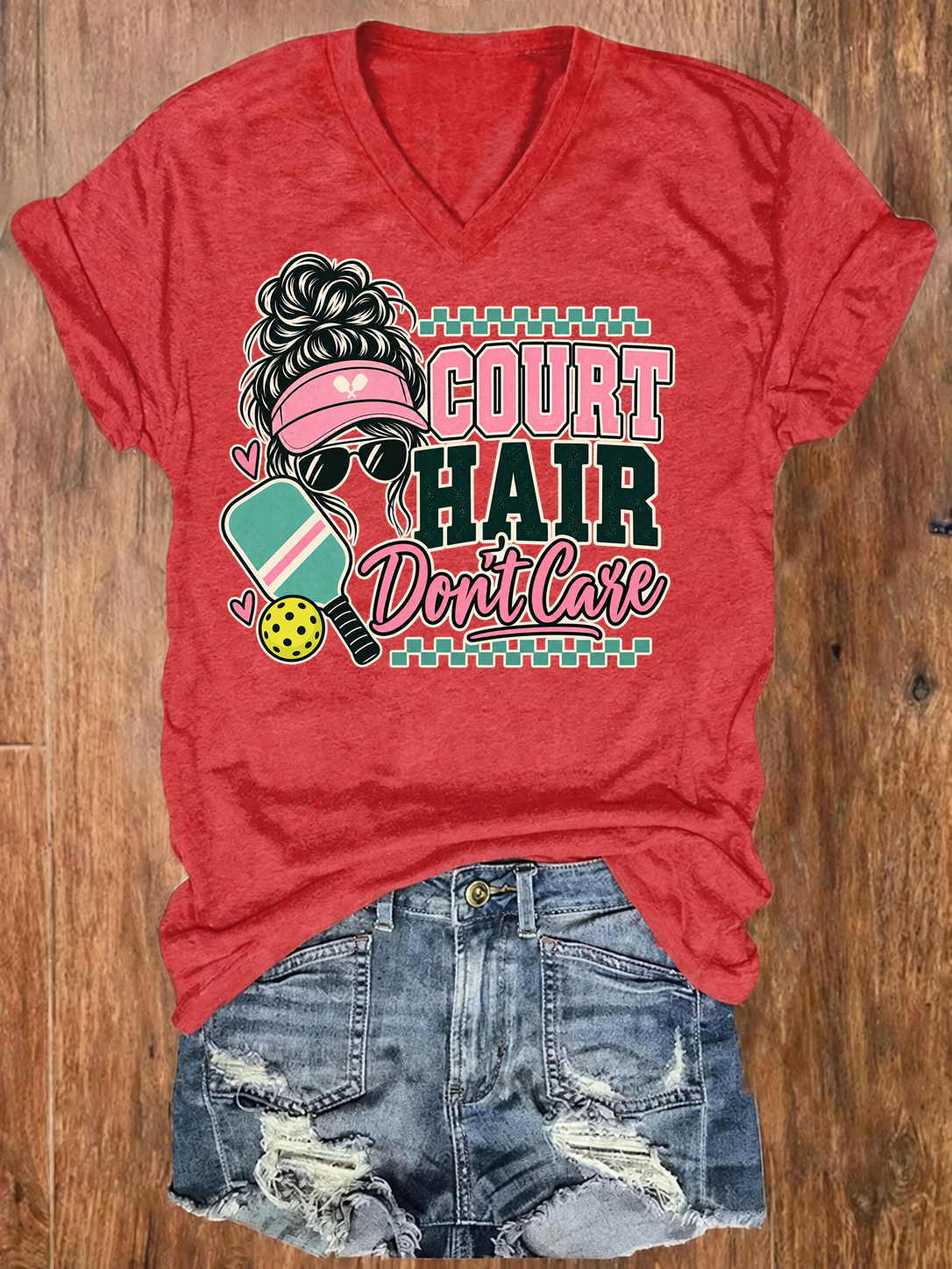 Court Hair Don't Care,Messy Bun Pickleball V-Neck T-Shirt