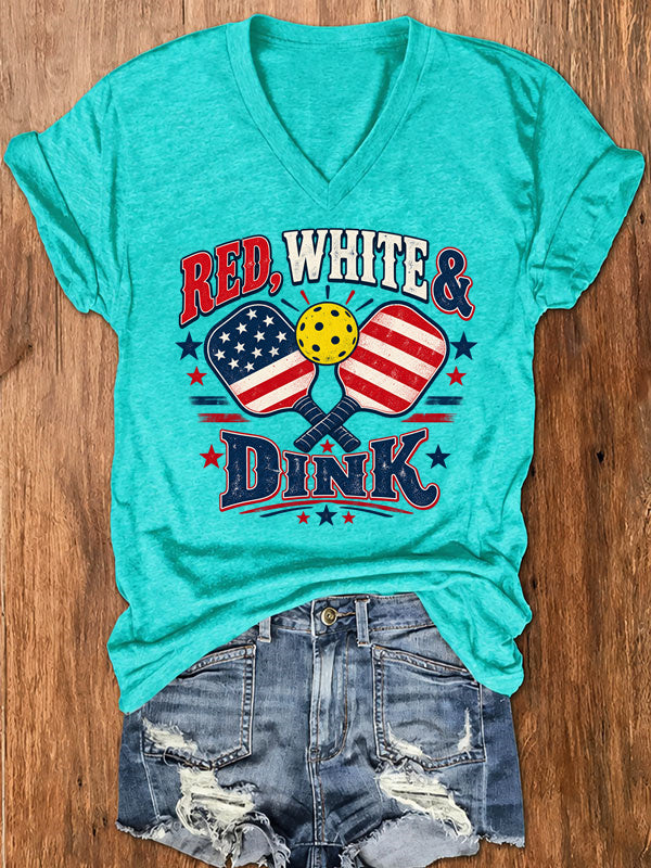 Red, White & Dink, Patriotic Pickleball V-Neck T-Shirt