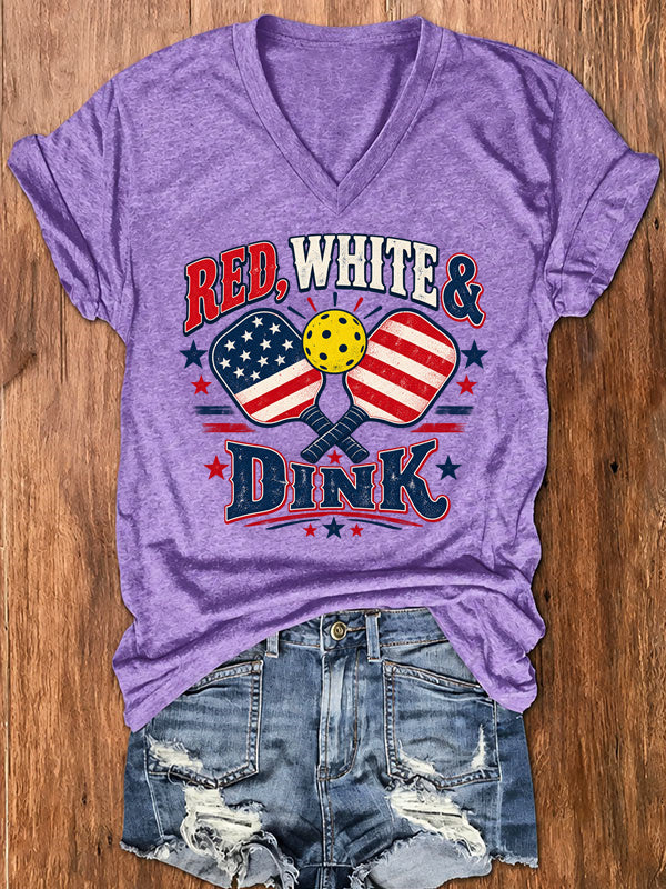 Red, White & Dink, Patriotic Pickleball V-Neck T-Shirt