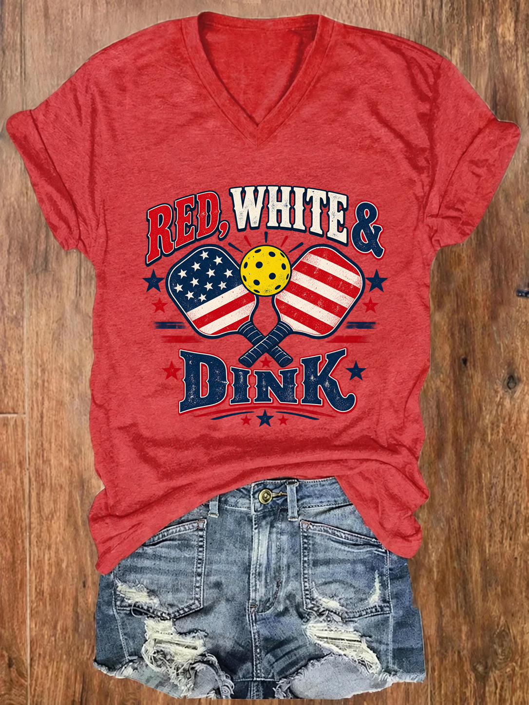 Red, White & Dink, Patriotic Pickleball V-Neck T-Shirt