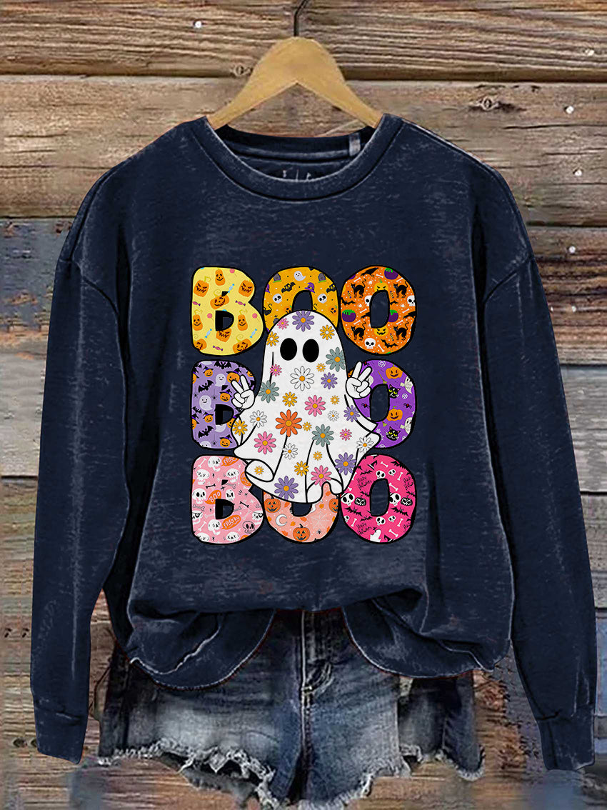 Boo Halloween Ghost Floral Halloween Casual Print Sweatshirt