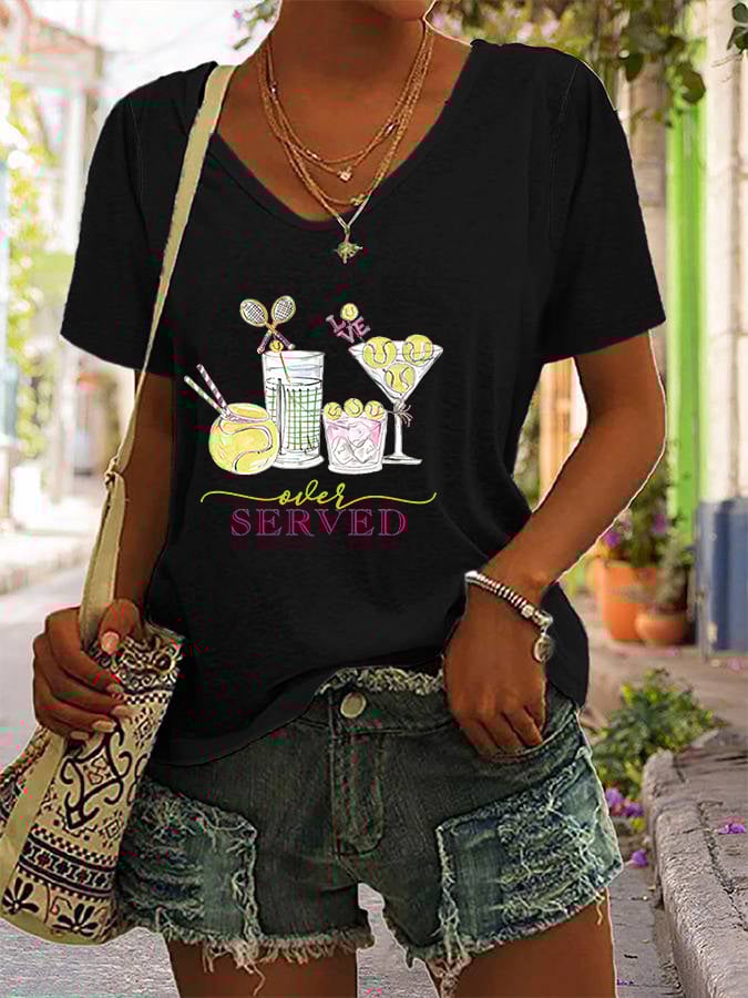 Women's Funny Tennis Tennis Drinks Tennis Lover Print V-neck T-Shirt