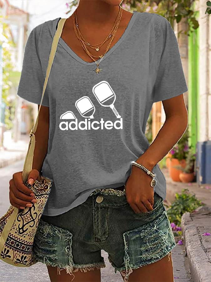 Women's funny pickleball "addicted" printed V-neck T-shirt