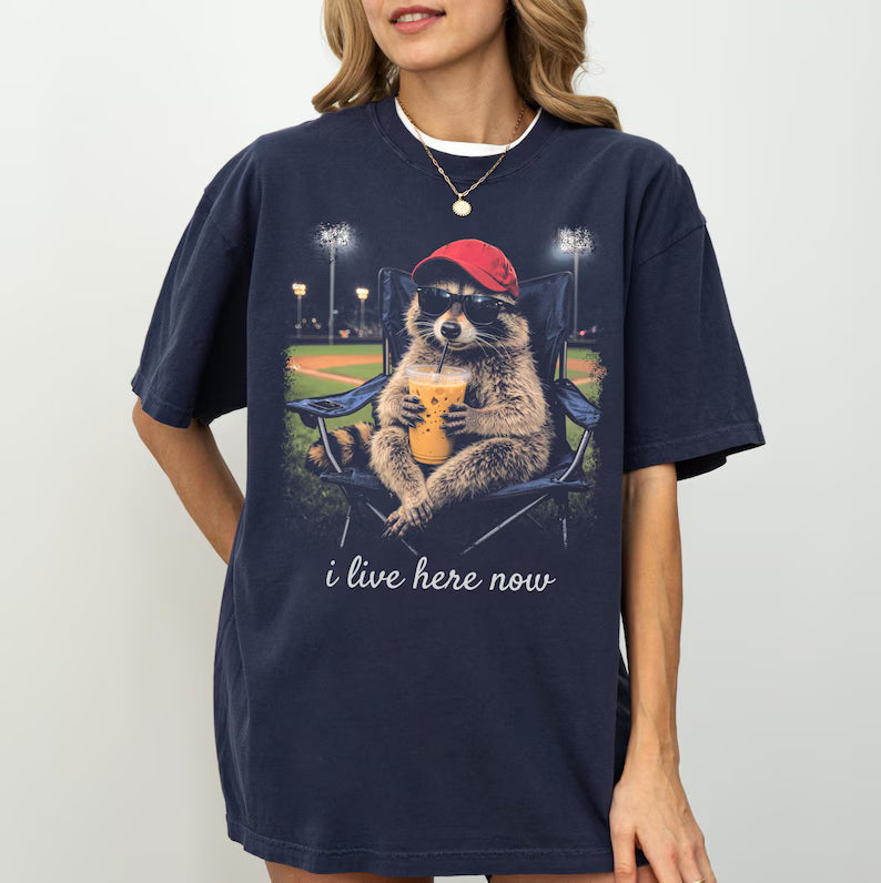 Raccoon I Live Here Now Shirt - Raccoon Drinking Iced Coffee Shirt