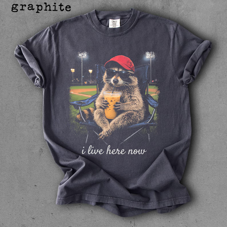 Raccoon I Live Here Now Shirt - Raccoon Drinking Iced Coffee Shirt