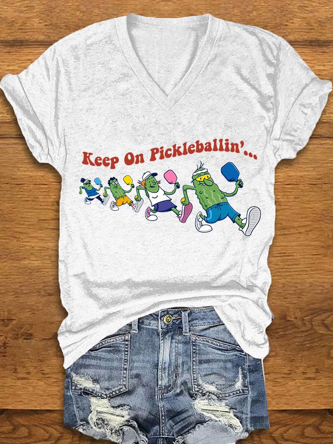 Women's pickleball enthusiasts "keep on pickleballin..." T-shirt