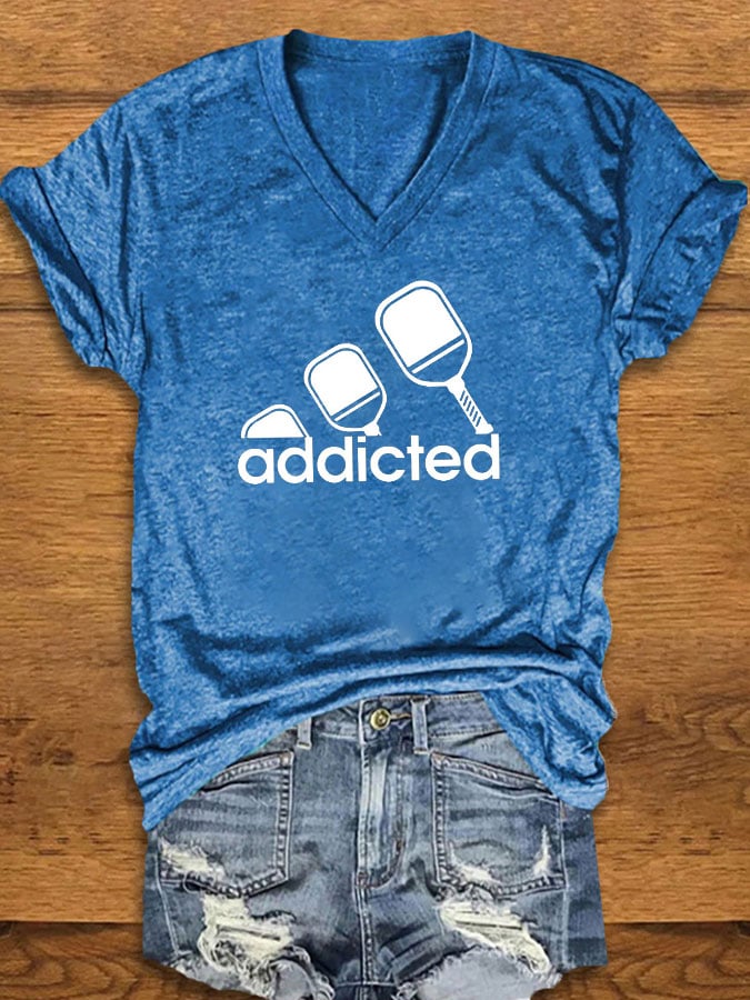 Women's funny pickleball "addicted" printed T-shirt