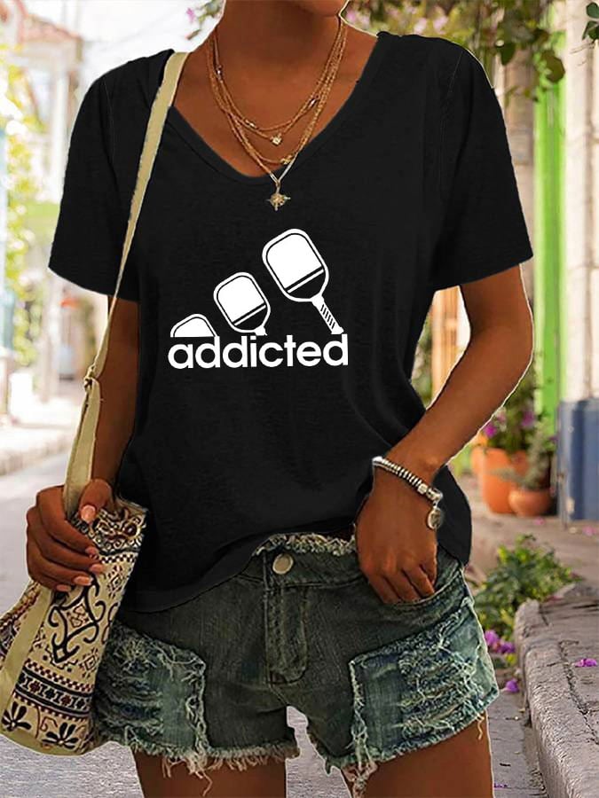 Women's funny pickleball "addicted" printed V-neck T-shirt