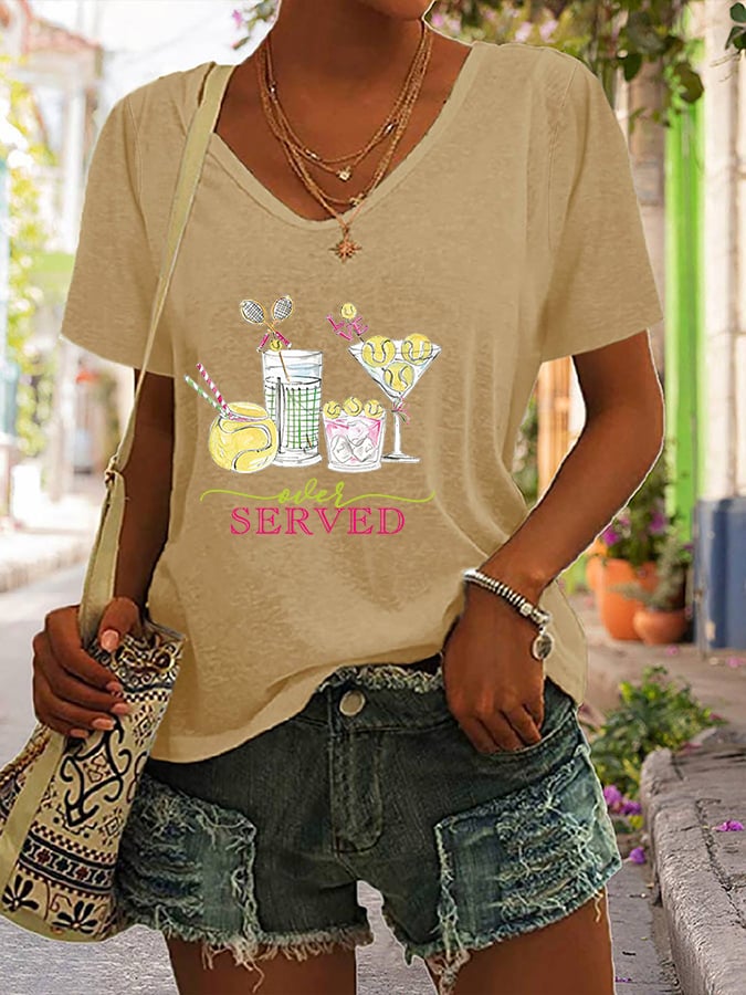 Women's Funny Tennis Tennis Drinks Tennis Lover Print V-neck T-Shirt