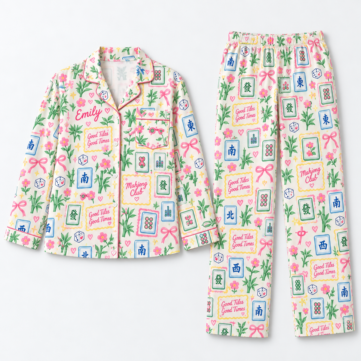 Women's Pajama Set: Mahjong Tile Floral Print, Long Sleeve Button-Up Sleepwear