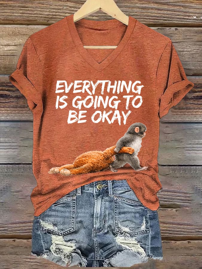 Women's Retro Baby Monkey Punch Everything Is Going To Be Okay Print V Neck T-shirt