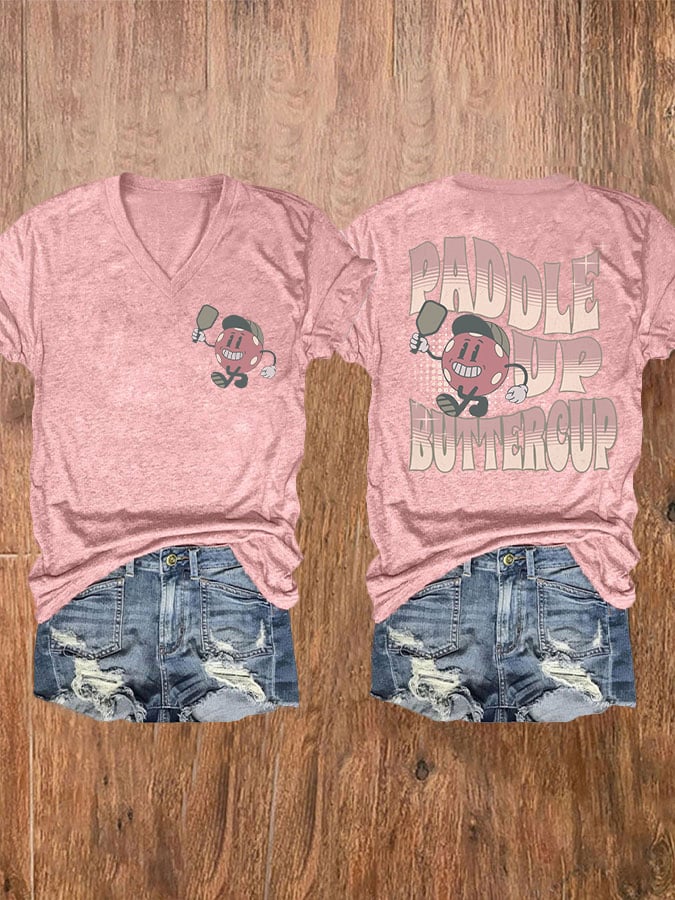 Women's Pickleball Paddle Up Buttercup Print V-Neck T-Shirt
