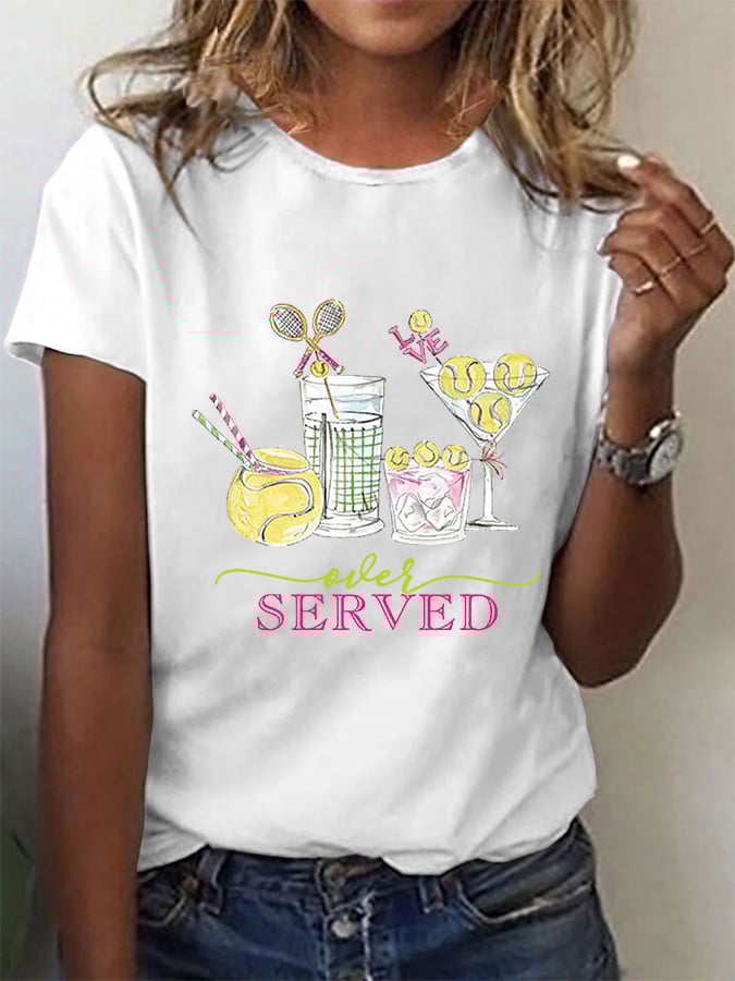 Women's Funny Tennis Tennis Drinks Printed Casual Tee