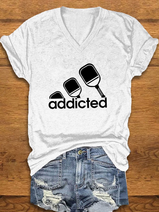 Women's funny pickleball "addicted" printed T-shirt