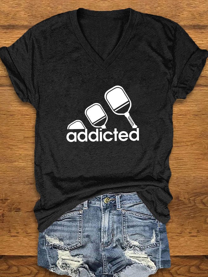 Women's funny pickleball "addicted" printed T-shirt