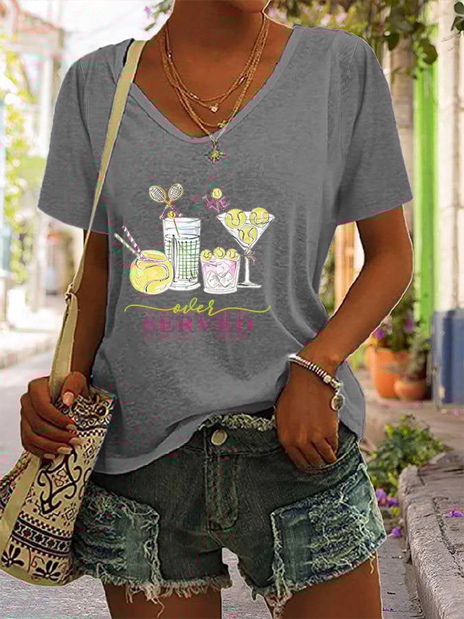 Women's Funny Tennis Tennis Drinks Tennis Lover Print V-neck T-Shirt