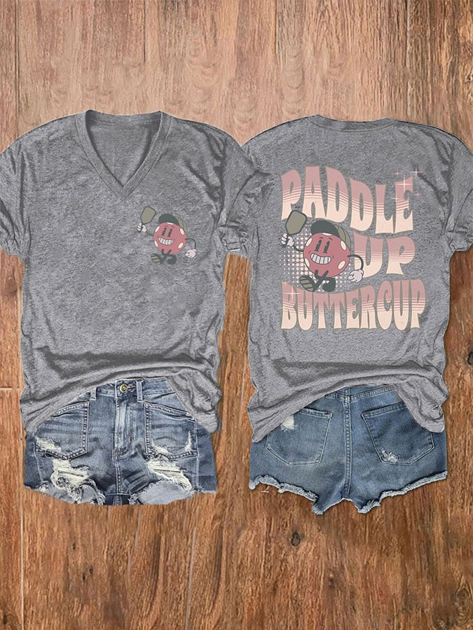 Women's Pickleball Paddle Up Buttercup Print V-Neck T-Shirt