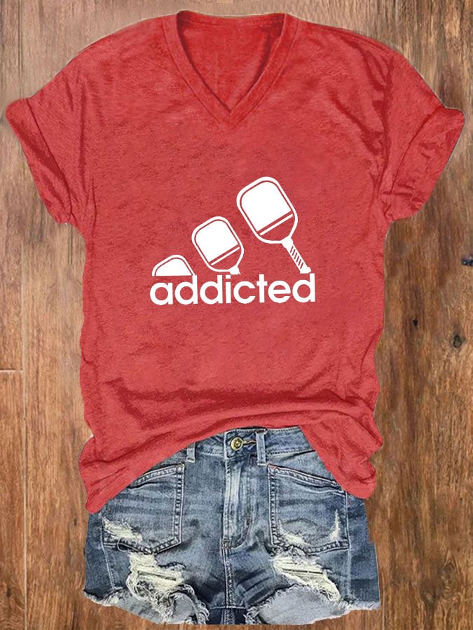 Women's funny pickleball "addicted" printed T-shirt