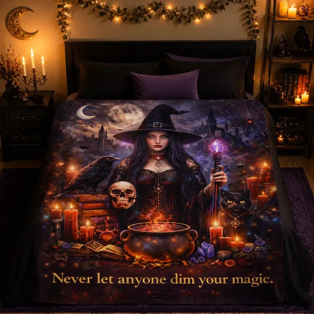 Gothic Witch Blanket With Black Cat. Skull. Raven Halloween Home Decor